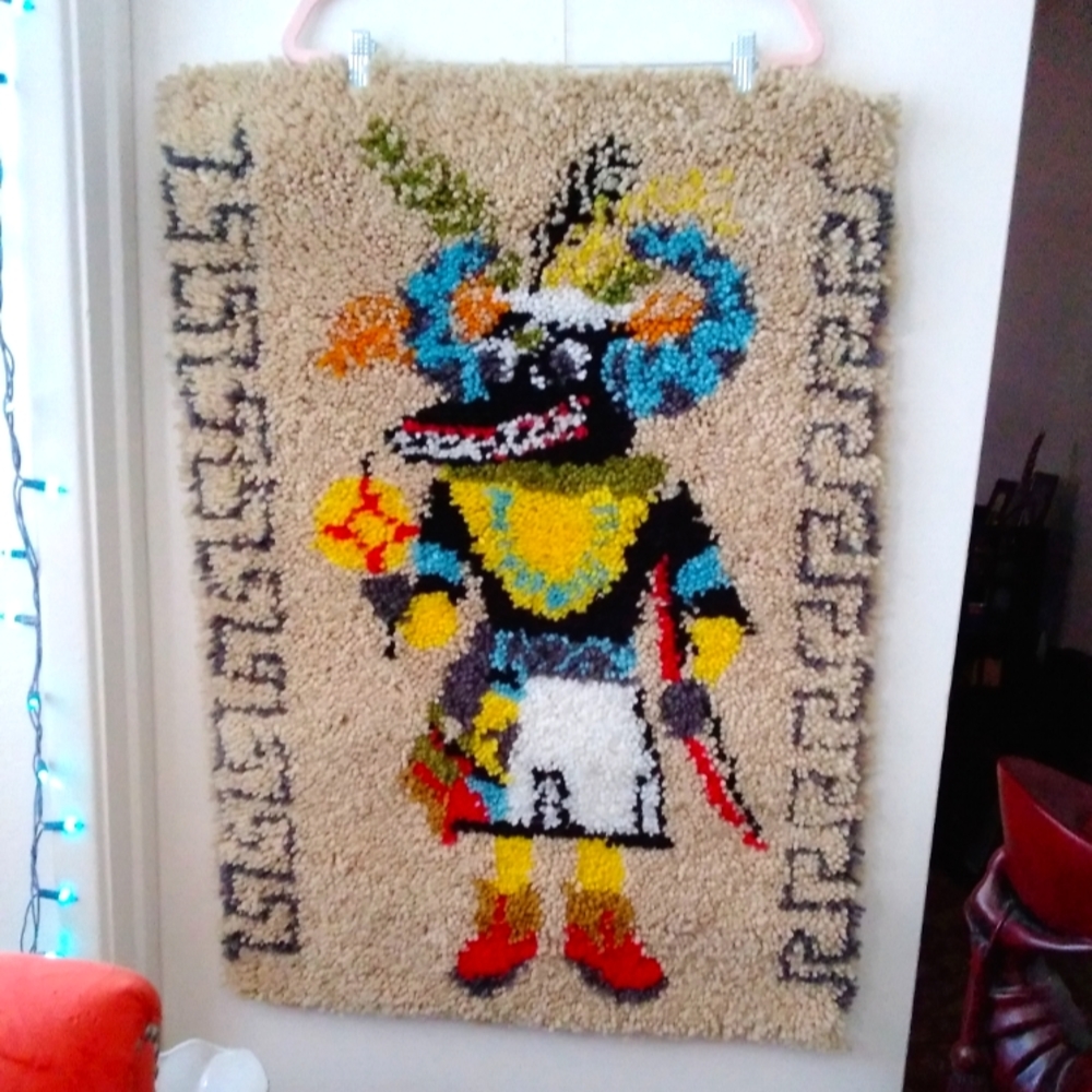 Vtg 1960's Kachina Latch Hook Wall Hanging Art Rug